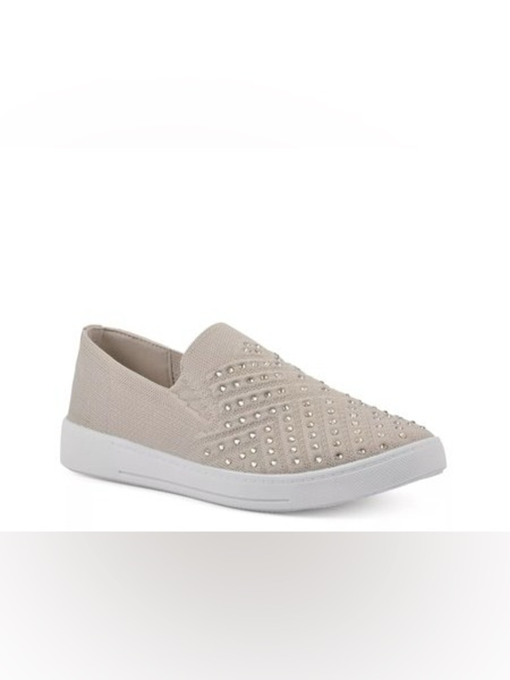 White Mountain Slip-On Studded Knit Sneakers in Light Taupe and White